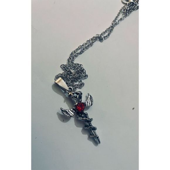 Pretty SILVER GOTH SWORD RED STONE NECKLACE - Picture 4 of 5